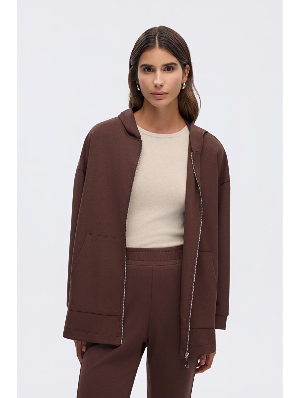 Kahverengi Modal Örme Kapüşonlu Hırka Kahve-3