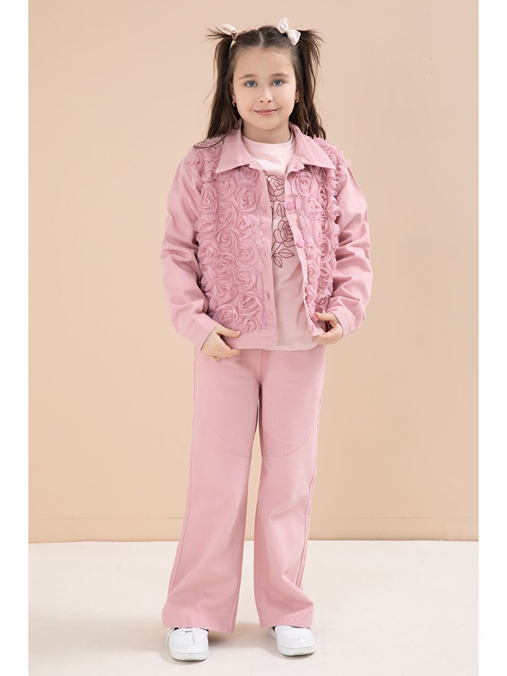 Pembe Önü Gül İşlemeli Ceketli Kız Çocuk Pantolonlu 3lü Alt Üst Takım 23605-2