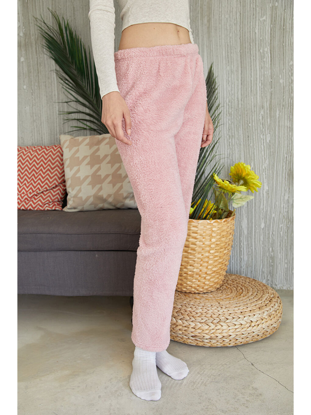 Pembe Beli Lastikli Pelüş Pijama Altı-1