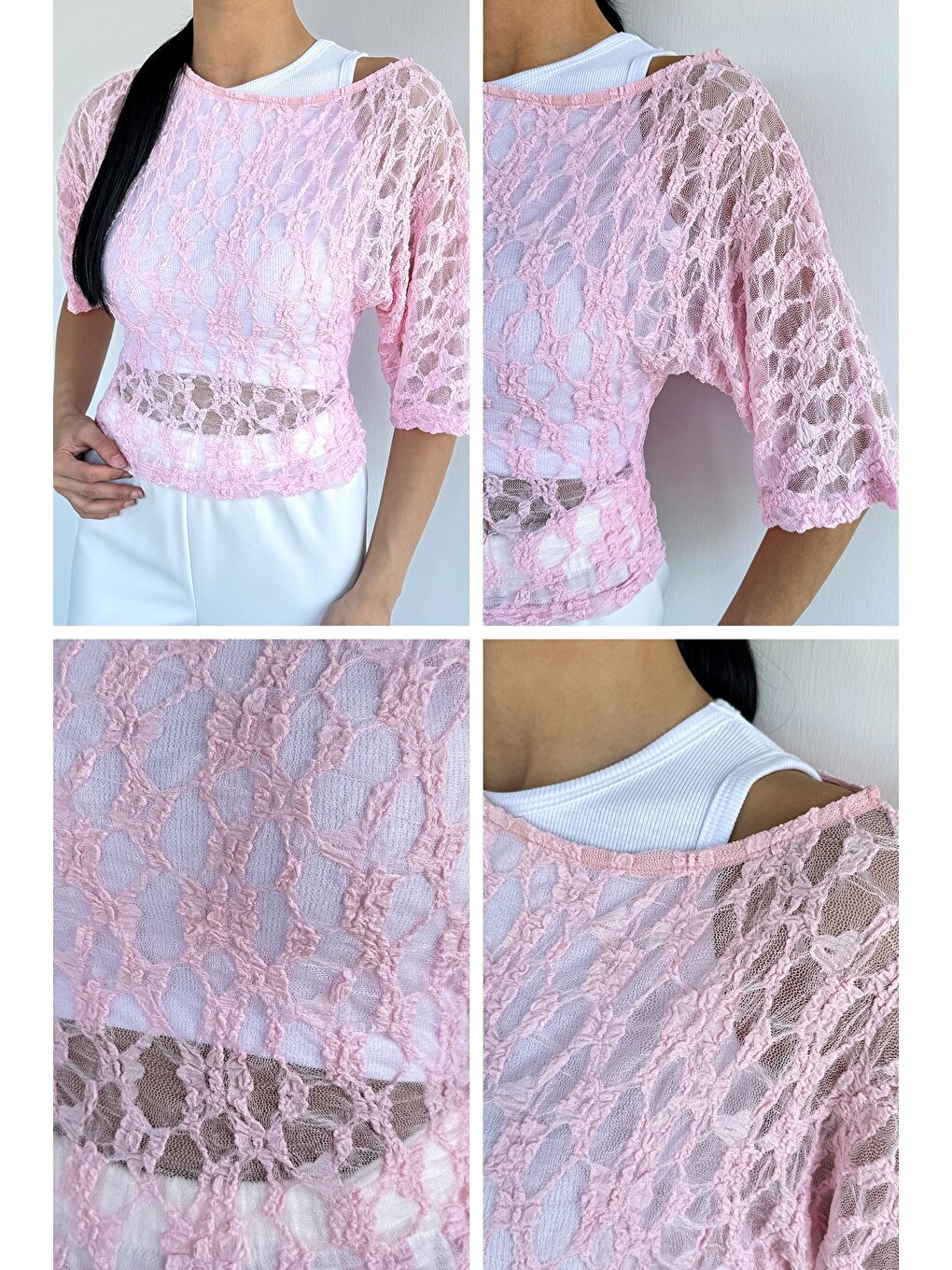 Pembe Kadın Atlet Kombinli Dantel Bluz-4