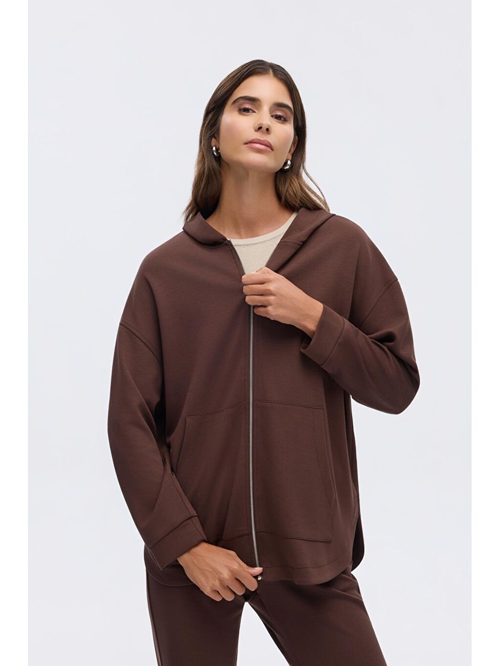 Kahverengi Modal Örme Kapüşonlu Hırka Kahve-4