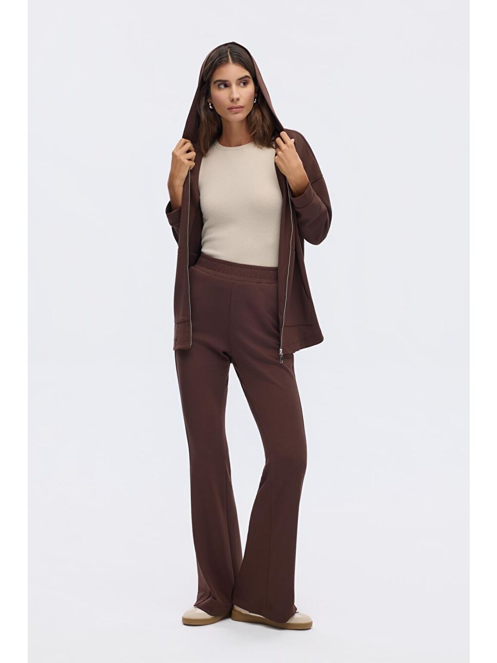 Kahverengi Modal Örme Kapüşonlu Hırka Kahve-5