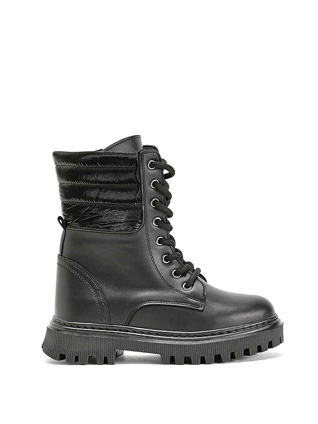 Kız Çocuk Siyah Cilt Termo Taban Yanı Kapitone Desenli Bağcıklı ve Fermuarlı Bot