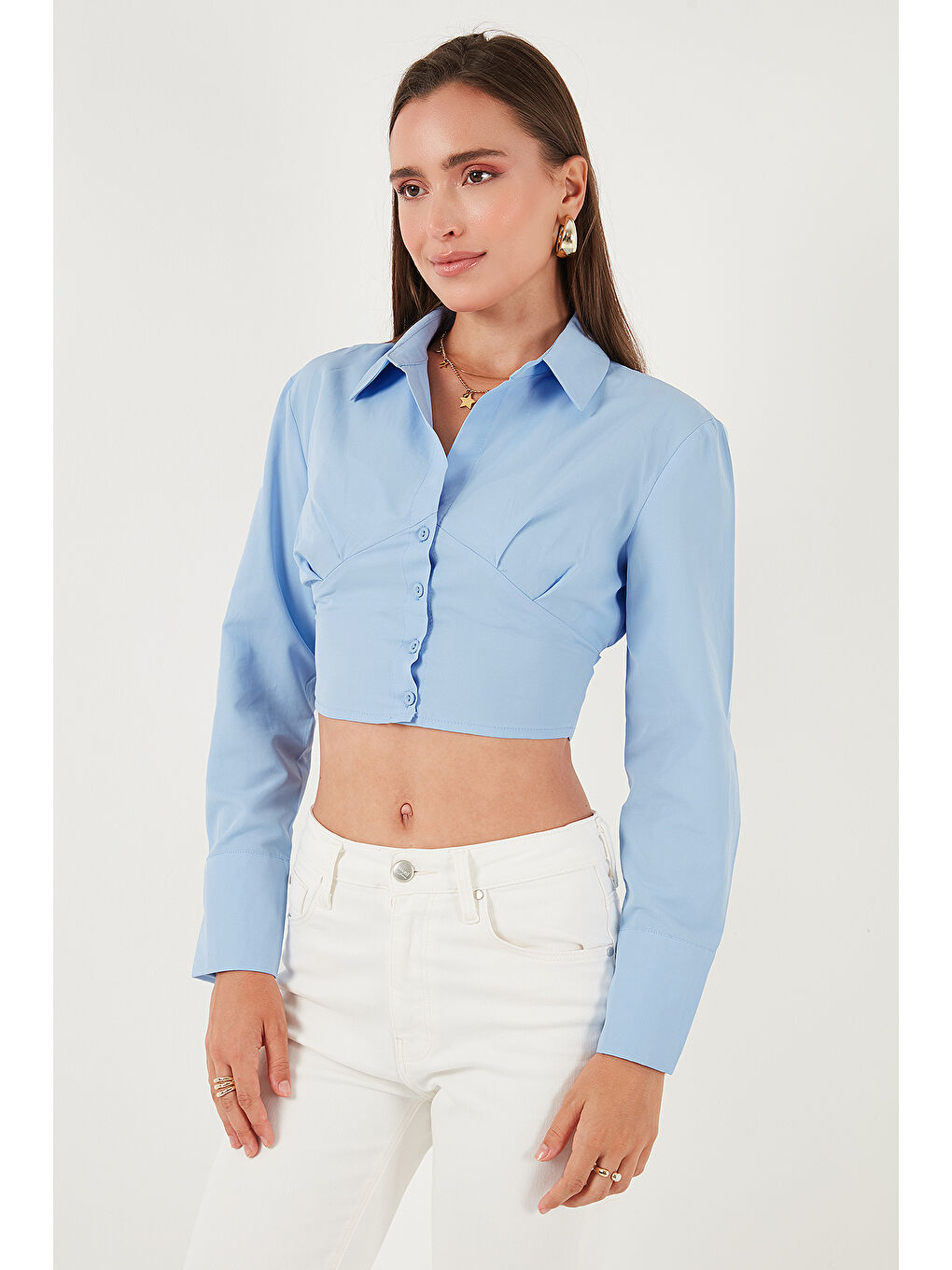 Mavi Fitted Fit Pamuklu Korse Detaylı Uzun Kollu Crop Gömlek 611GO00376-3