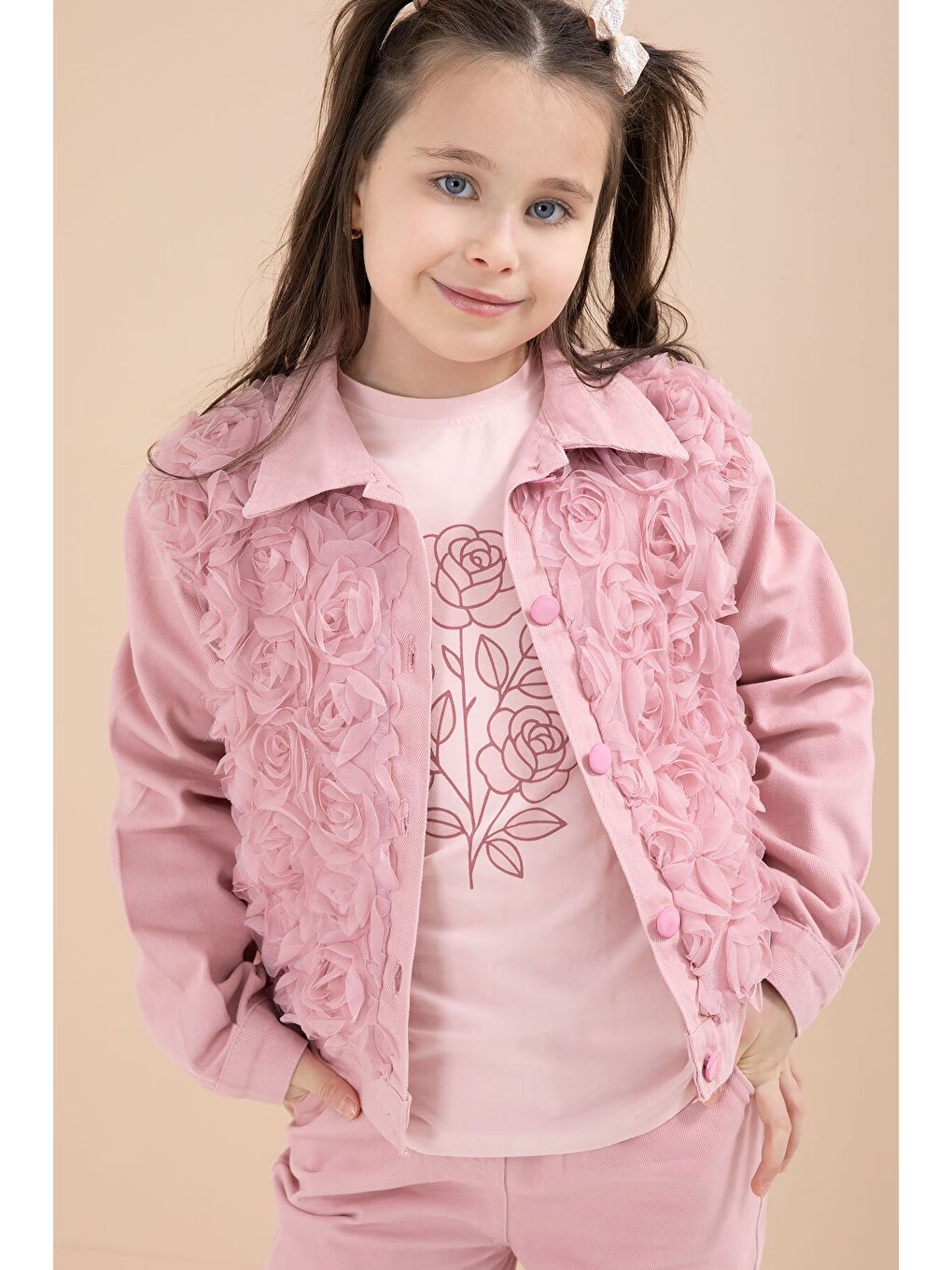 Pembe Önü Gül İşlemeli Ceketli Kız Çocuk Pantolonlu 3lü Alt Üst Takım 23605-3