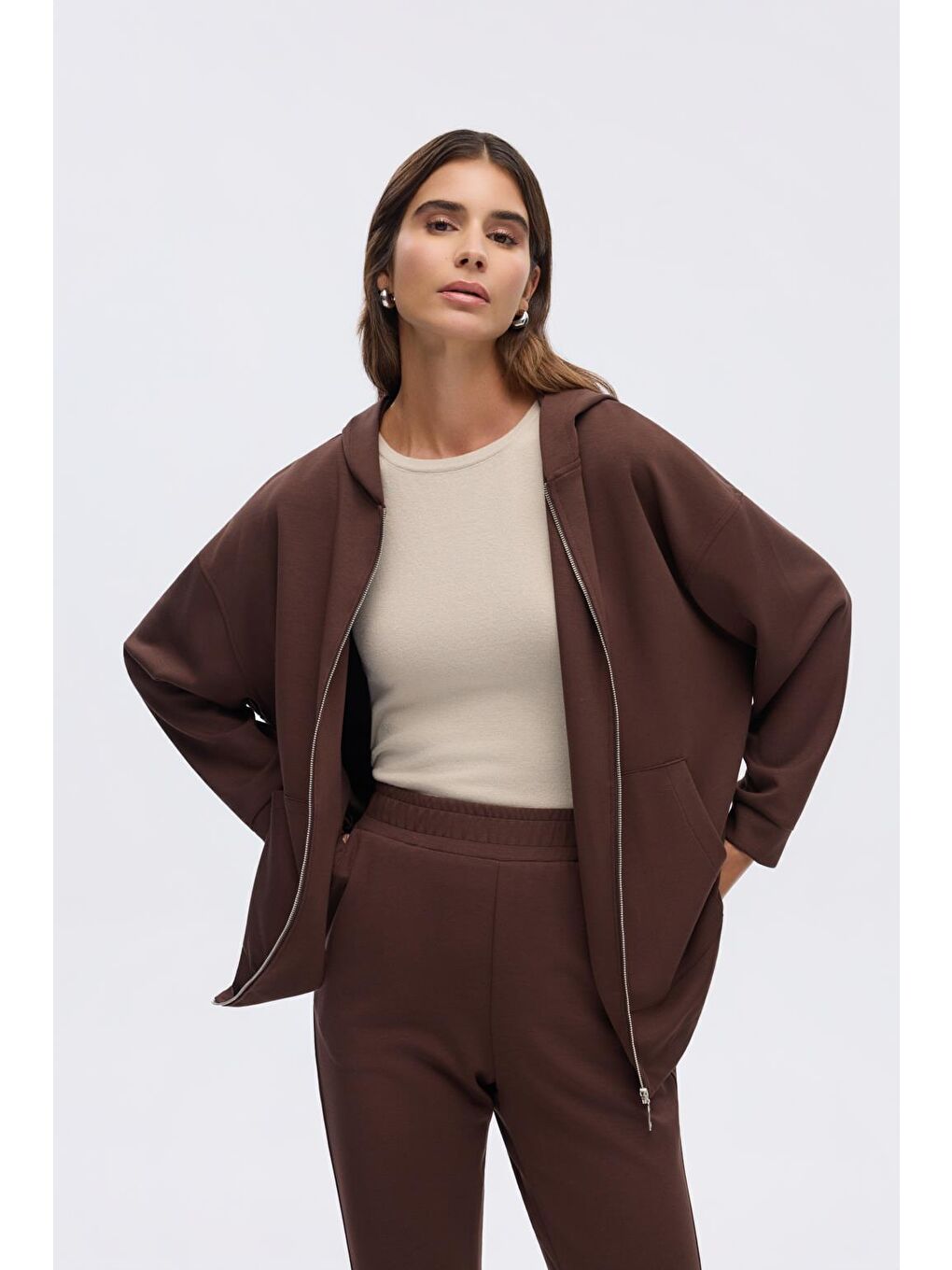 Kahverengi Modal Örme Kapüşonlu Hırka Kahve-6