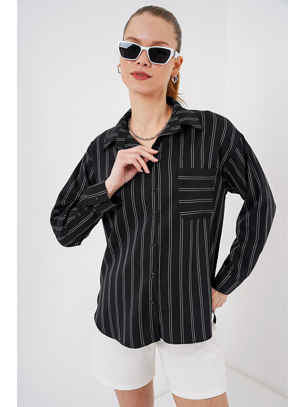 20143 Cepli Oversize Gömlek - Siyah-2