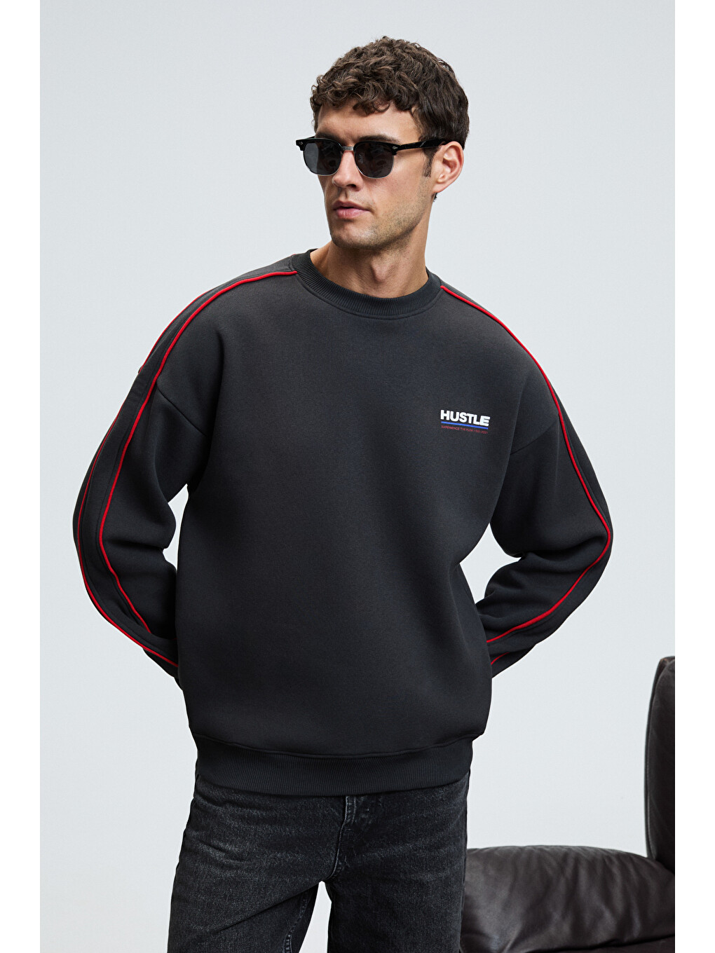 Leıf Erkek Kolları Biyeli Önü Baskılı Yuvarlak Yaka Oversize Antrasit Sweatshirt-3