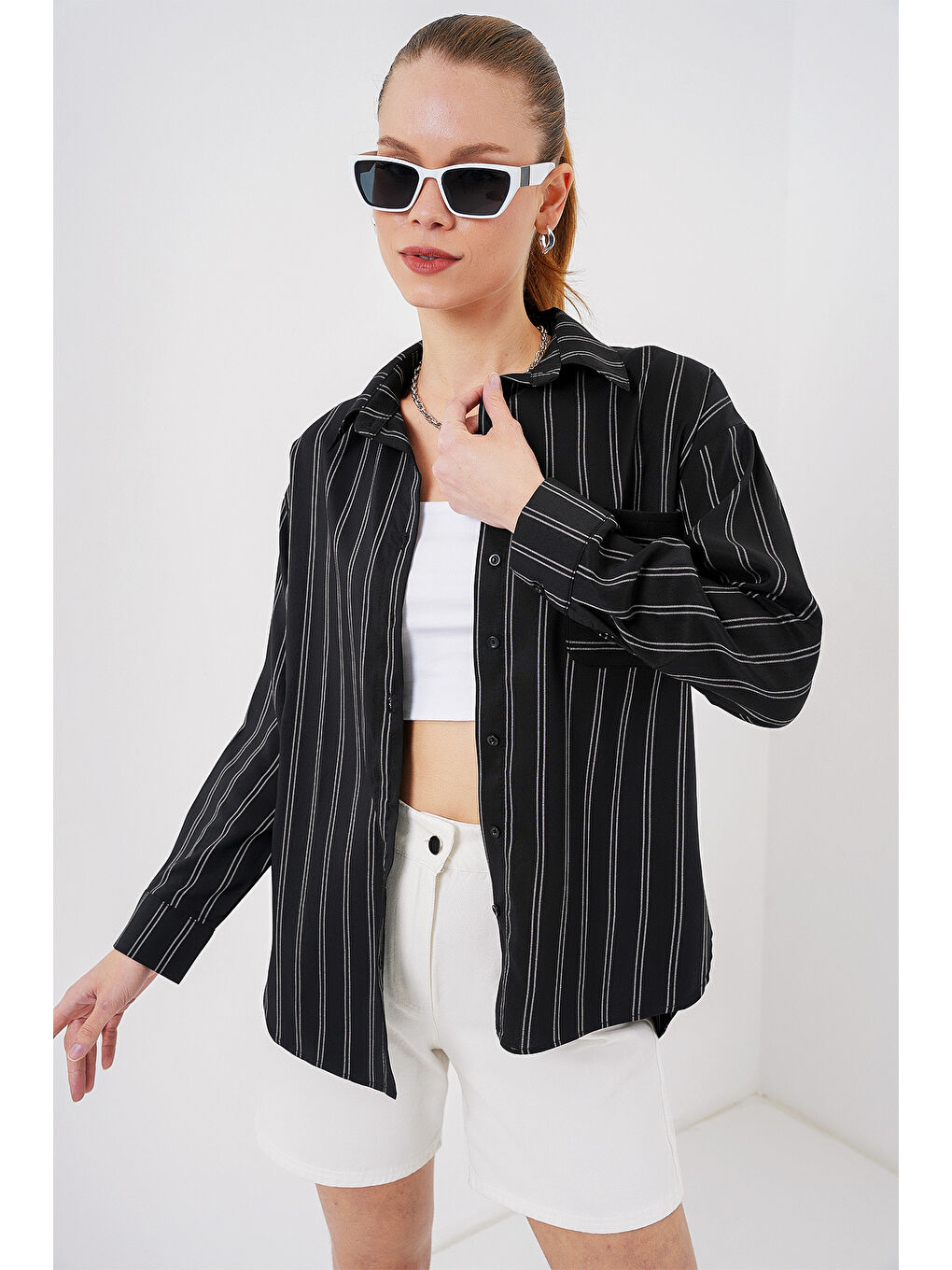20143 Cepli Oversize Gömlek - Siyah-3