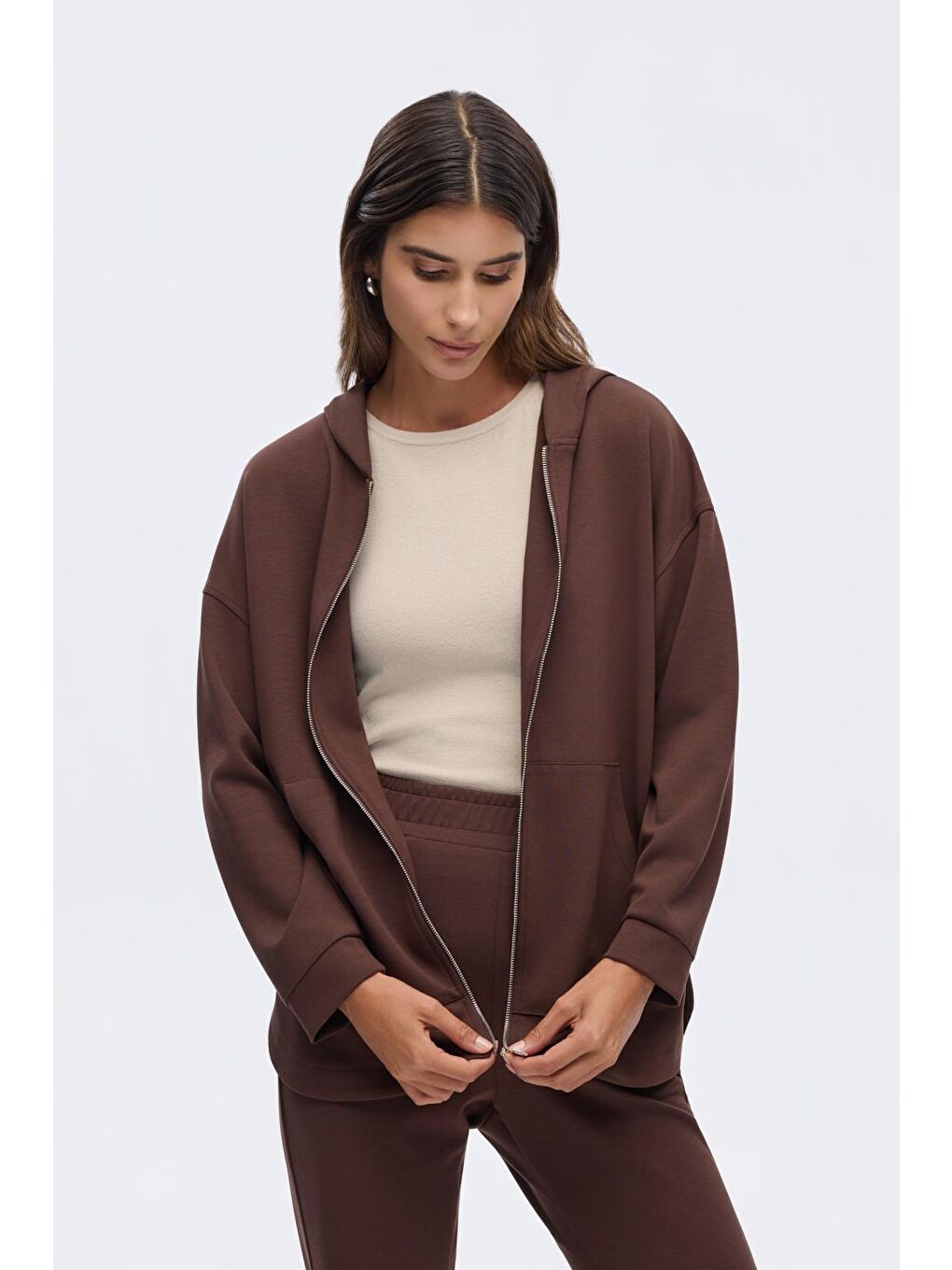Kahverengi Modal Örme Kapüşonlu Hırka Kahve-7