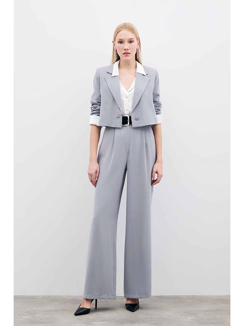 Pileli Krep Pantolon - Gri