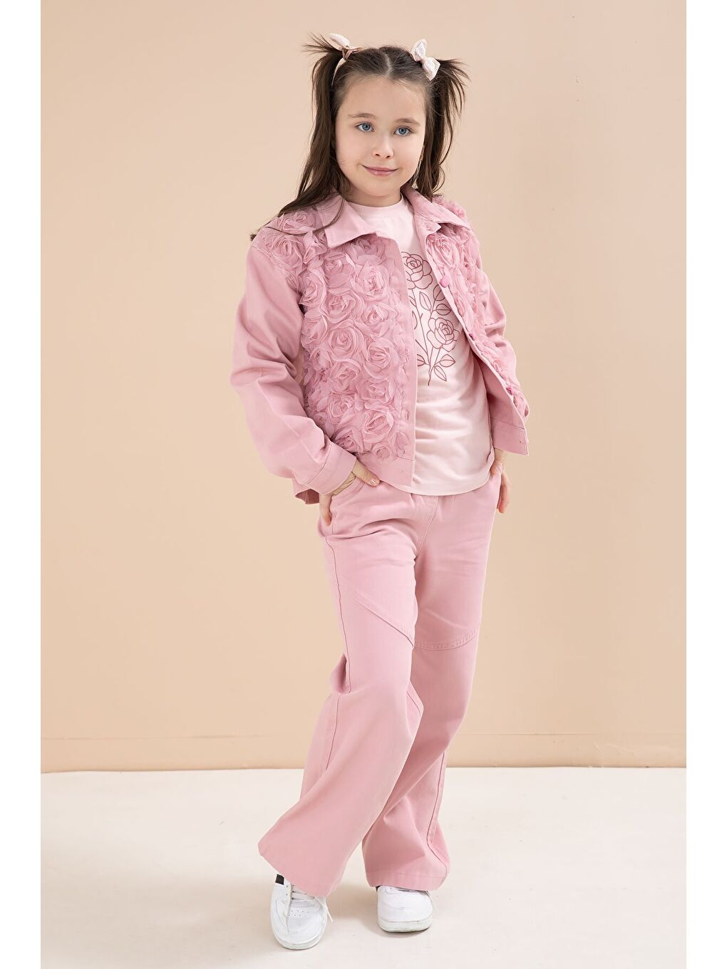 Pembe Önü Gül İşlemeli Ceketli Kız Çocuk Pantolonlu 3lü Alt Üst Takım 23605-4