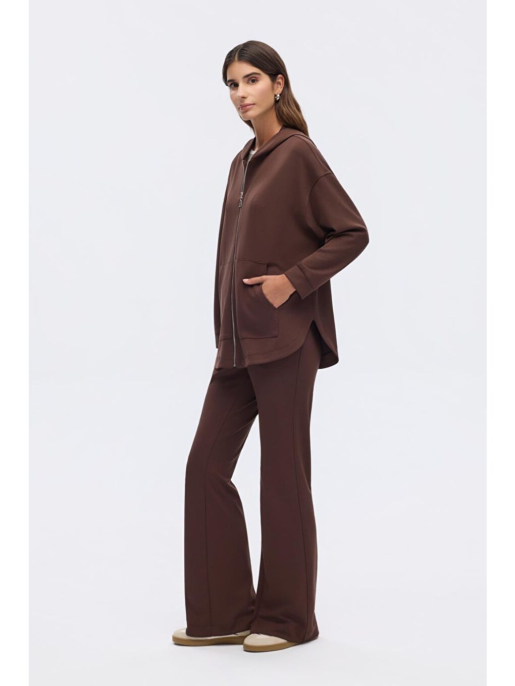 Kahverengi Modal Örme Kapüşonlu Hırka Kahve-8