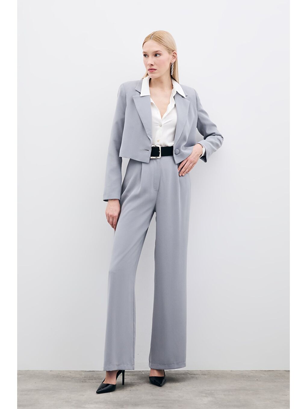 Pileli Krep Pantolon - Gri-1