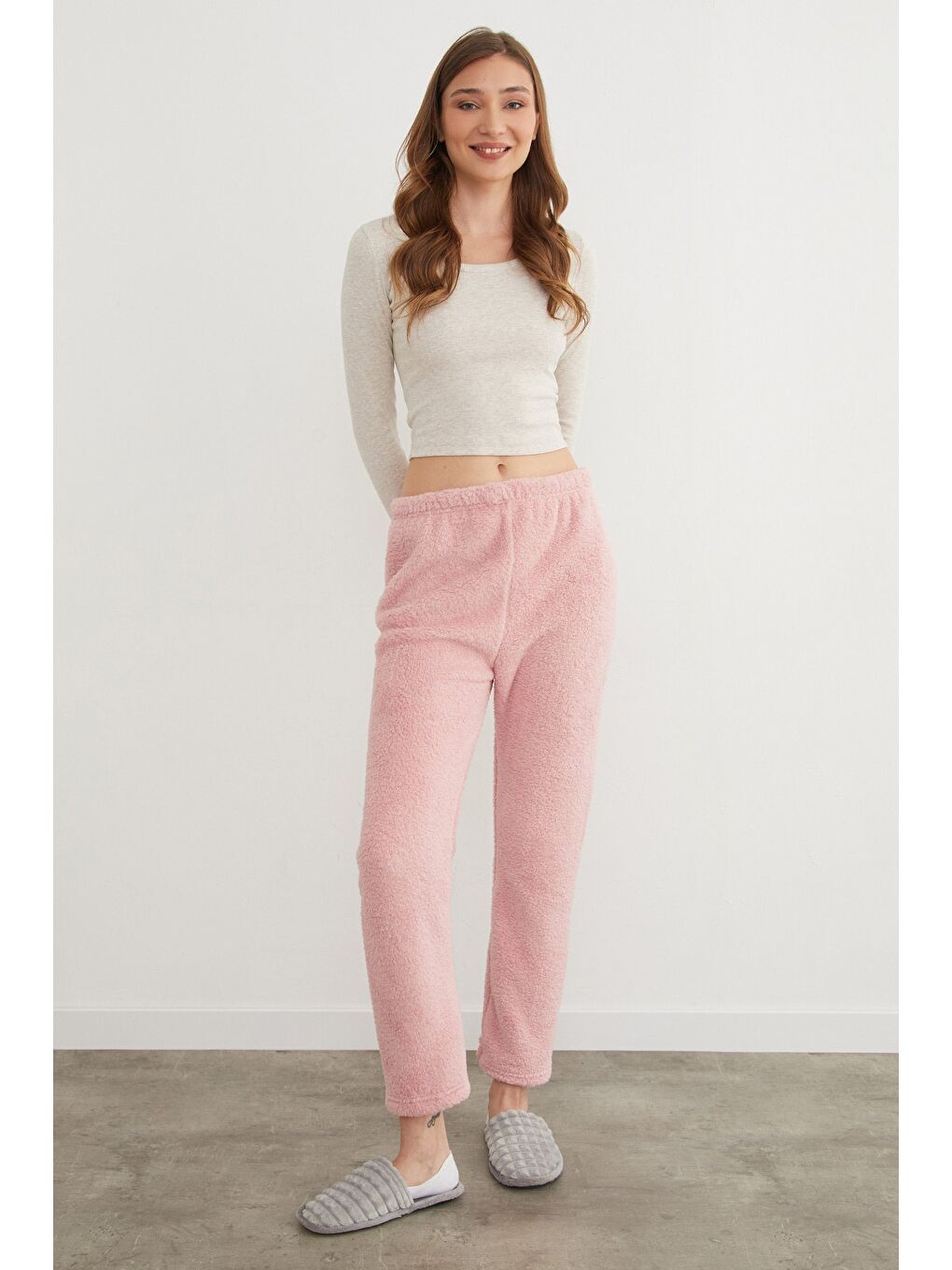 Pembe Beli Lastikli Pelüş Pijama Altı-2