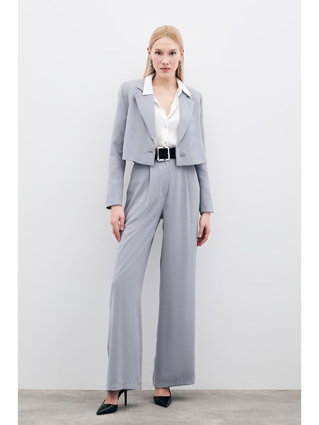 Pileli Krep Pantolon - Gri-2