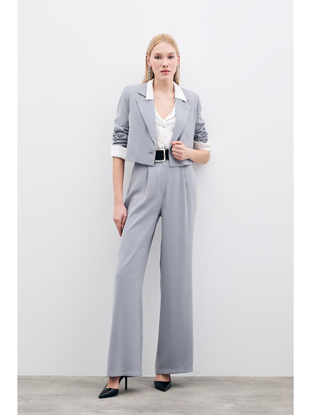 Pileli Krep Pantolon - Gri-3