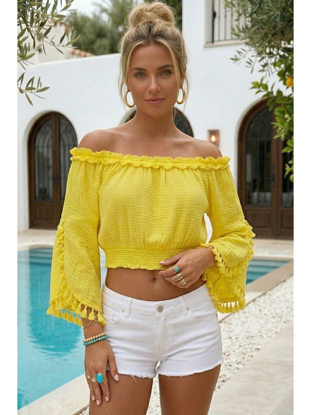 Neon Sarı Carmen Yaka İspanyol Kol Püsküllü Lastikli Bel Casual Müslin Crop Dokuma Bluz 35 55-1