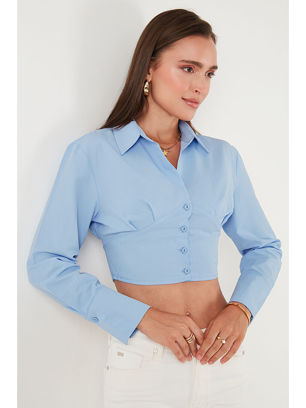Mavi Fitted Fit Pamuklu Korse Detaylı Uzun Kollu Crop Gömlek 611GO00376-4