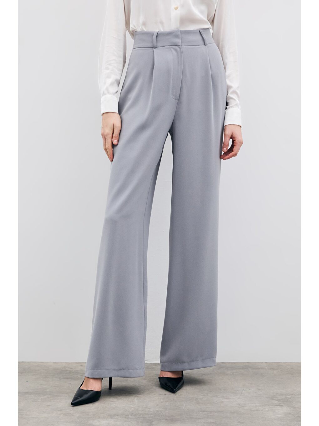 Pileli Krep Pantolon - Gri-4