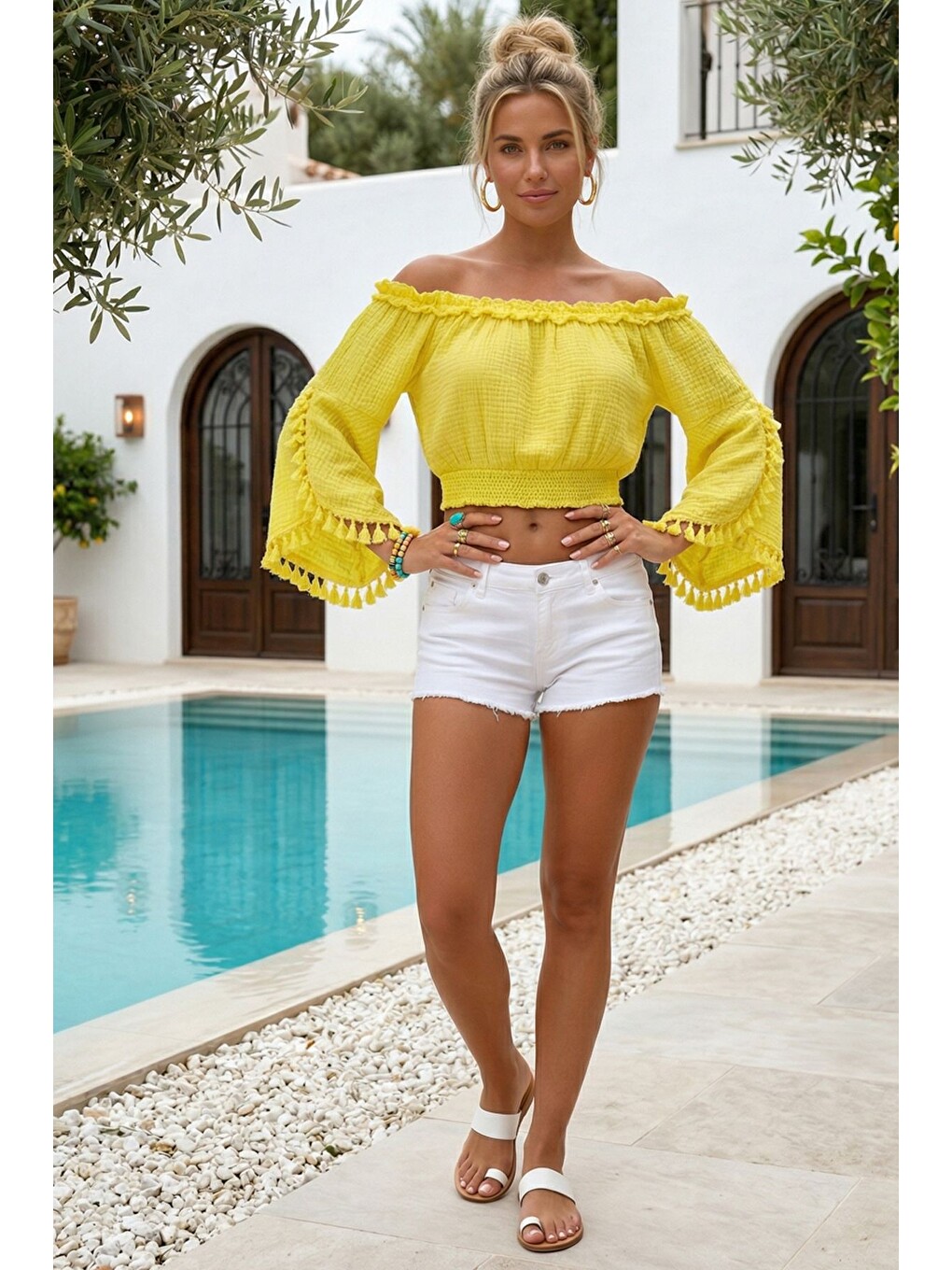 Neon Sarı Carmen Yaka İspanyol Kol Püsküllü Lastikli Bel Casual Müslin Crop Dokuma Bluz 35 55-2