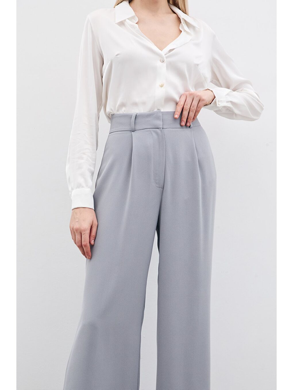 Pileli Krep Pantolon - Gri-5