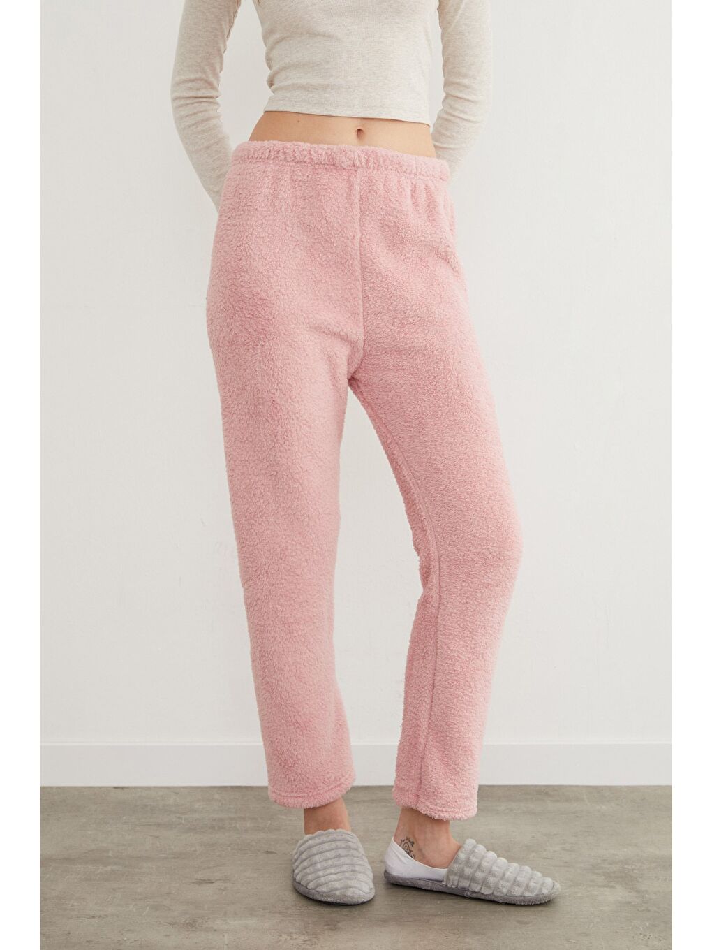 Pembe Beli Lastikli Pelüş Pijama Altı-3