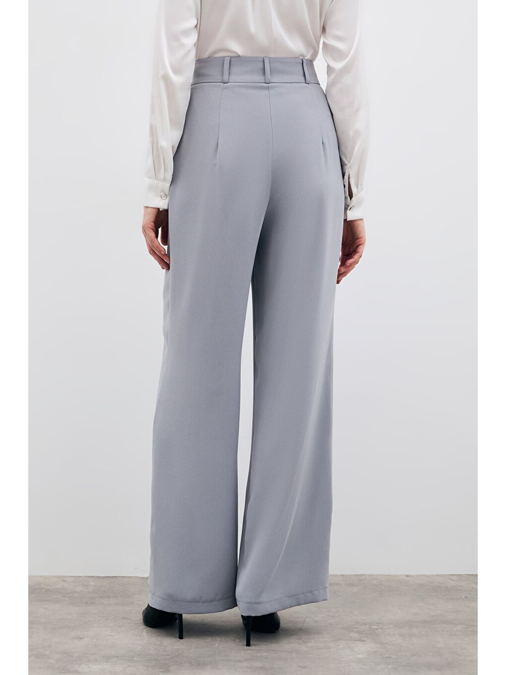 Pileli Krep Pantolon - Gri-6