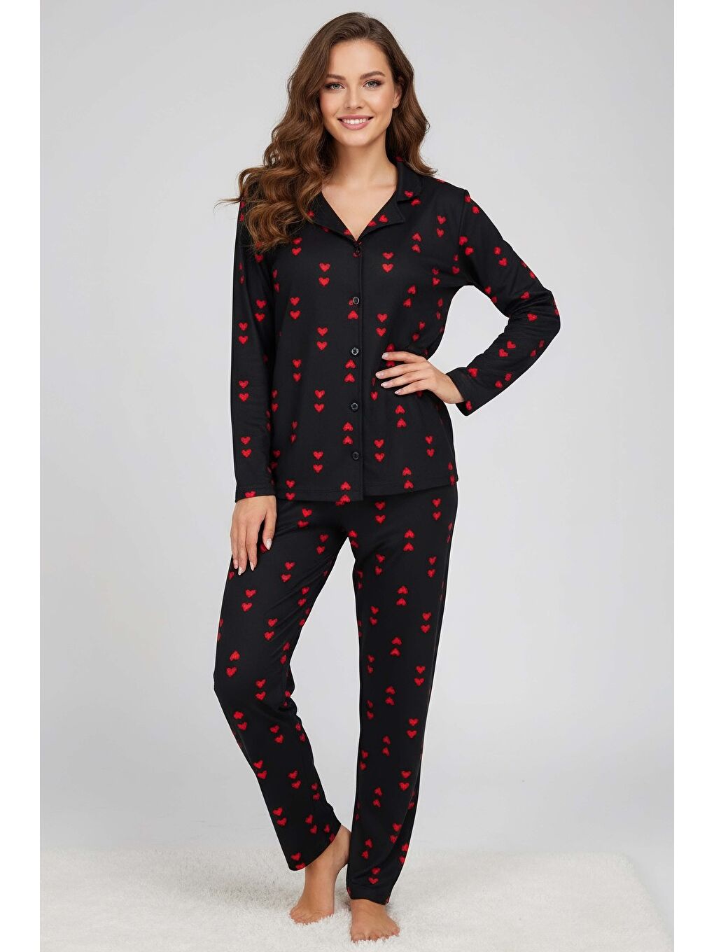 Kalp Baskılı Pijama Takımı Siyah - 28022-SIYAH