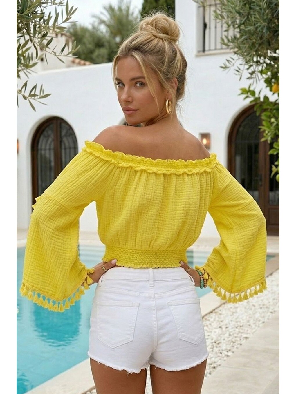 Neon Sarı Carmen Yaka İspanyol Kol Püsküllü Lastikli Bel Casual Müslin Crop Dokuma Bluz 35 55-4
