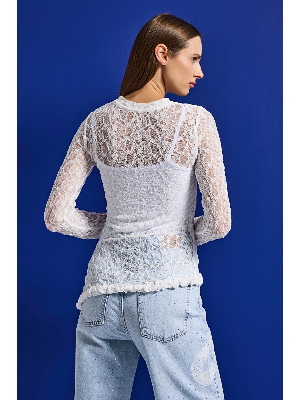 Kadın Beyaz w5 Asimetrik Kesim Özel Örgü Dantel Tasarım Transparan Yazlık Triko-2