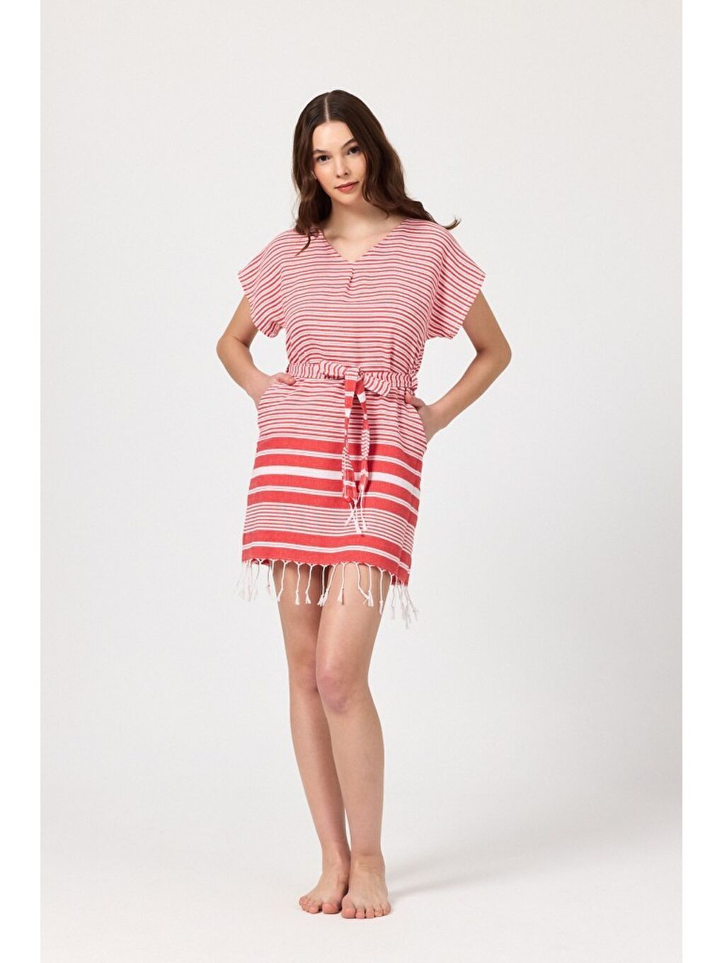 Kırmızı Katya Plaj elbisesi Tunik pareo %100 Pamuk-3