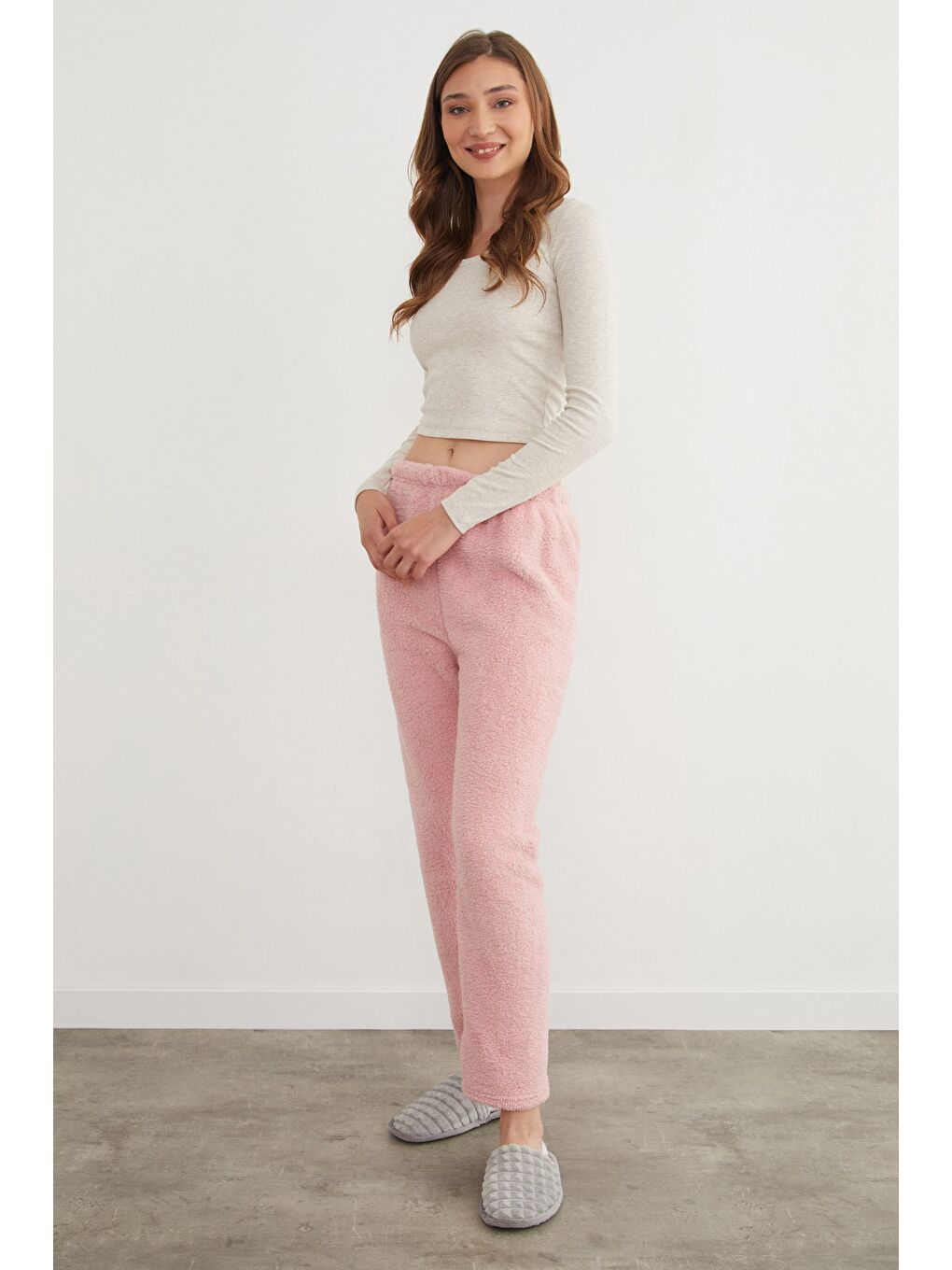 Pembe Beli Lastikli Pelüş Pijama Altı-4