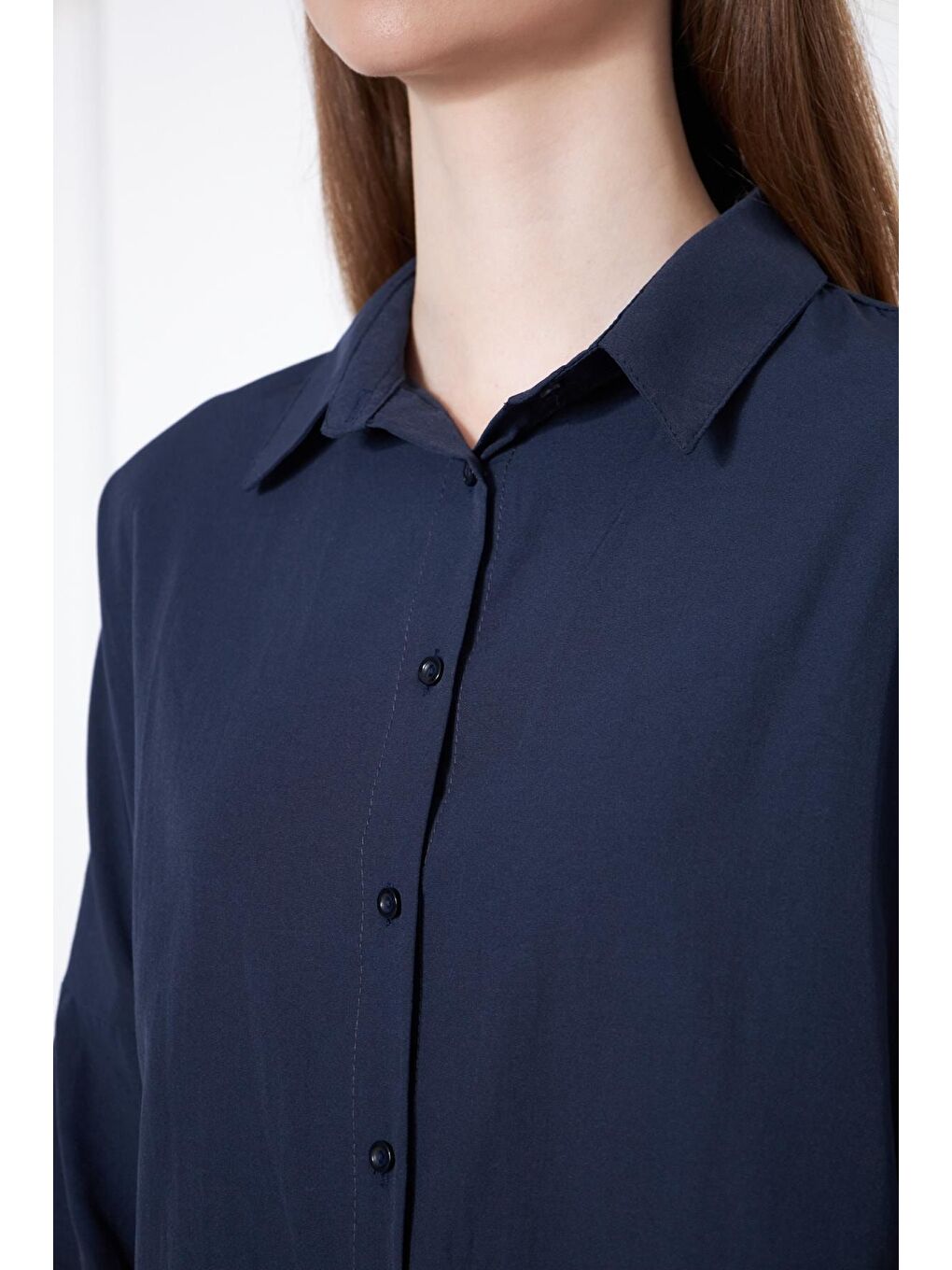 Lacivert Kadın Oversize Uzun Basic Gömlek-1