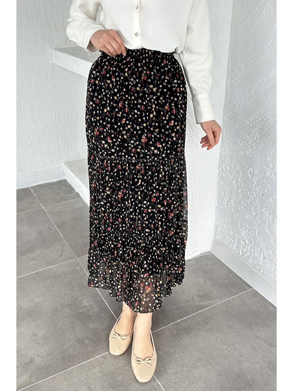 Haki Bel Lastikli Desenli Şifon Tesettür Etek-3