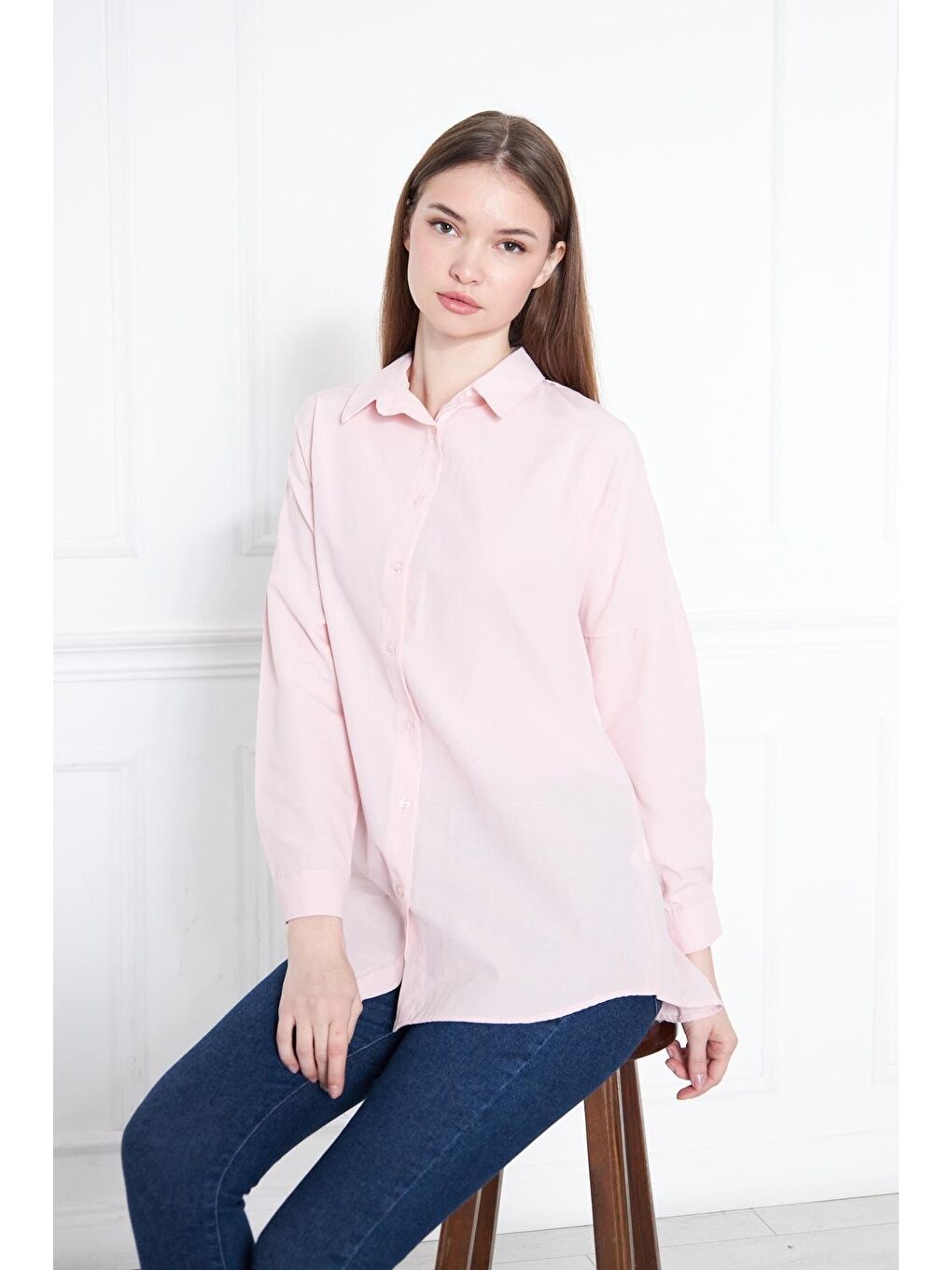 Pembe Kadın Oversize Uzun Basic Pudra Gömlek