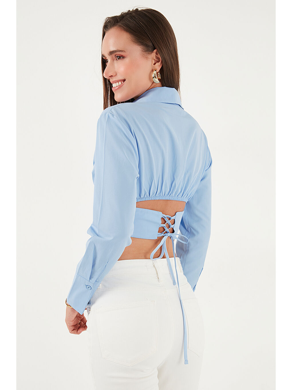 Mavi Fitted Fit Pamuklu Korse Detaylı Uzun Kollu Crop Gömlek 611GO00376-5