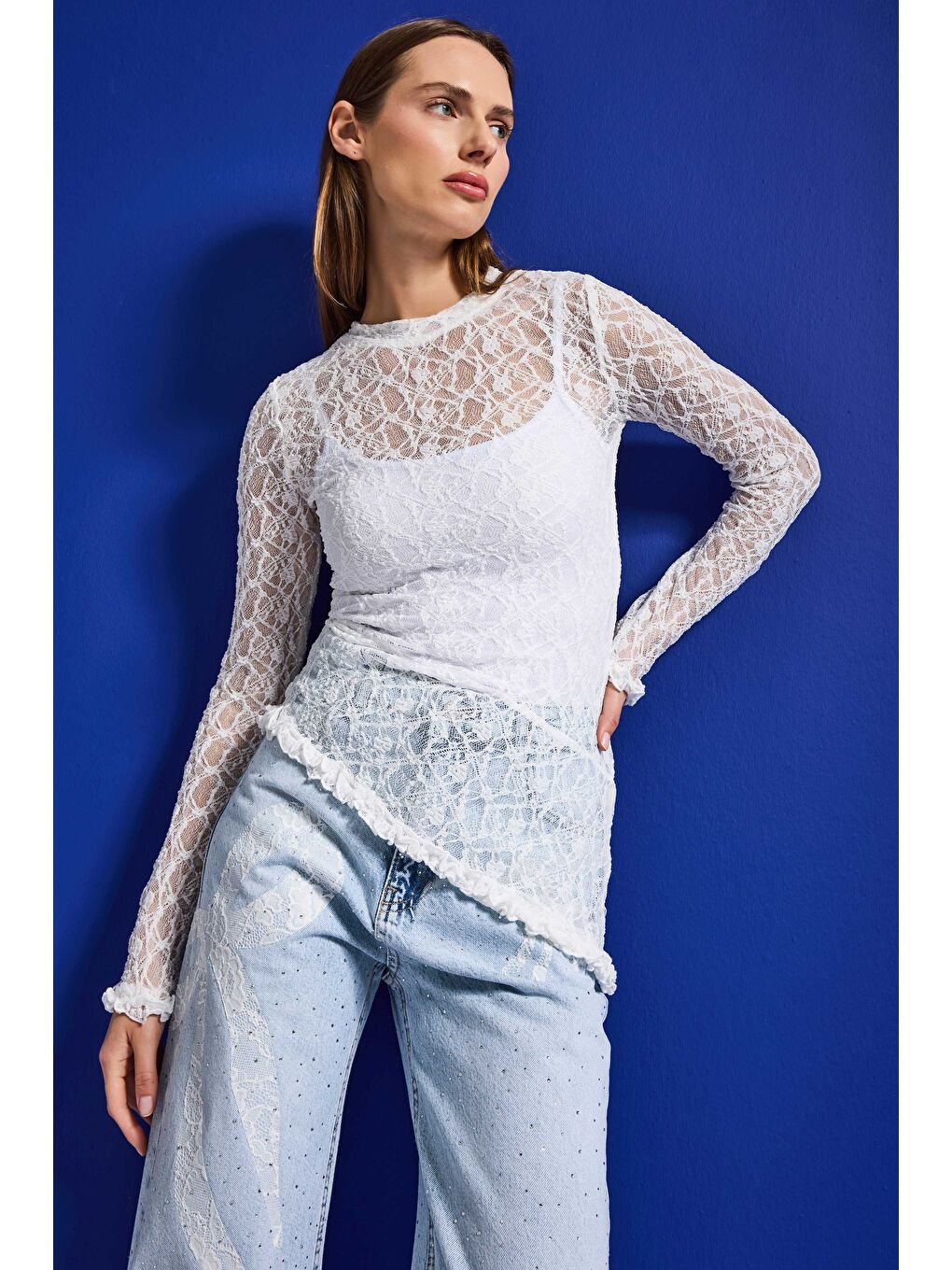Kadın Beyaz w5 Asimetrik Kesim Özel Örgü Dantel Tasarım Transparan Yazlık Triko-3