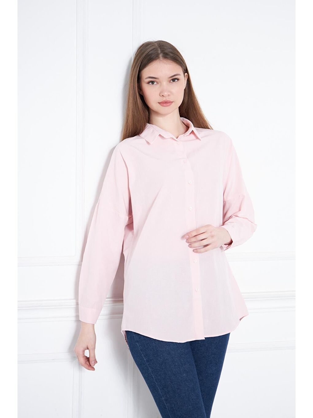 Pembe Kadın Oversize Uzun Basic Pudra Gömlek-1