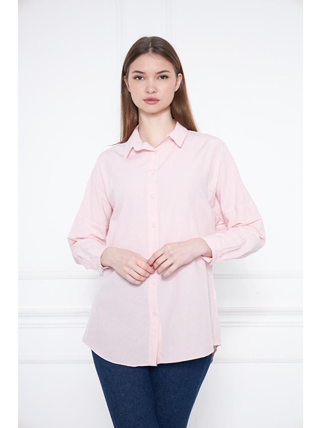 Pembe Kadın Oversize Uzun Basic Pudra Gömlek-2