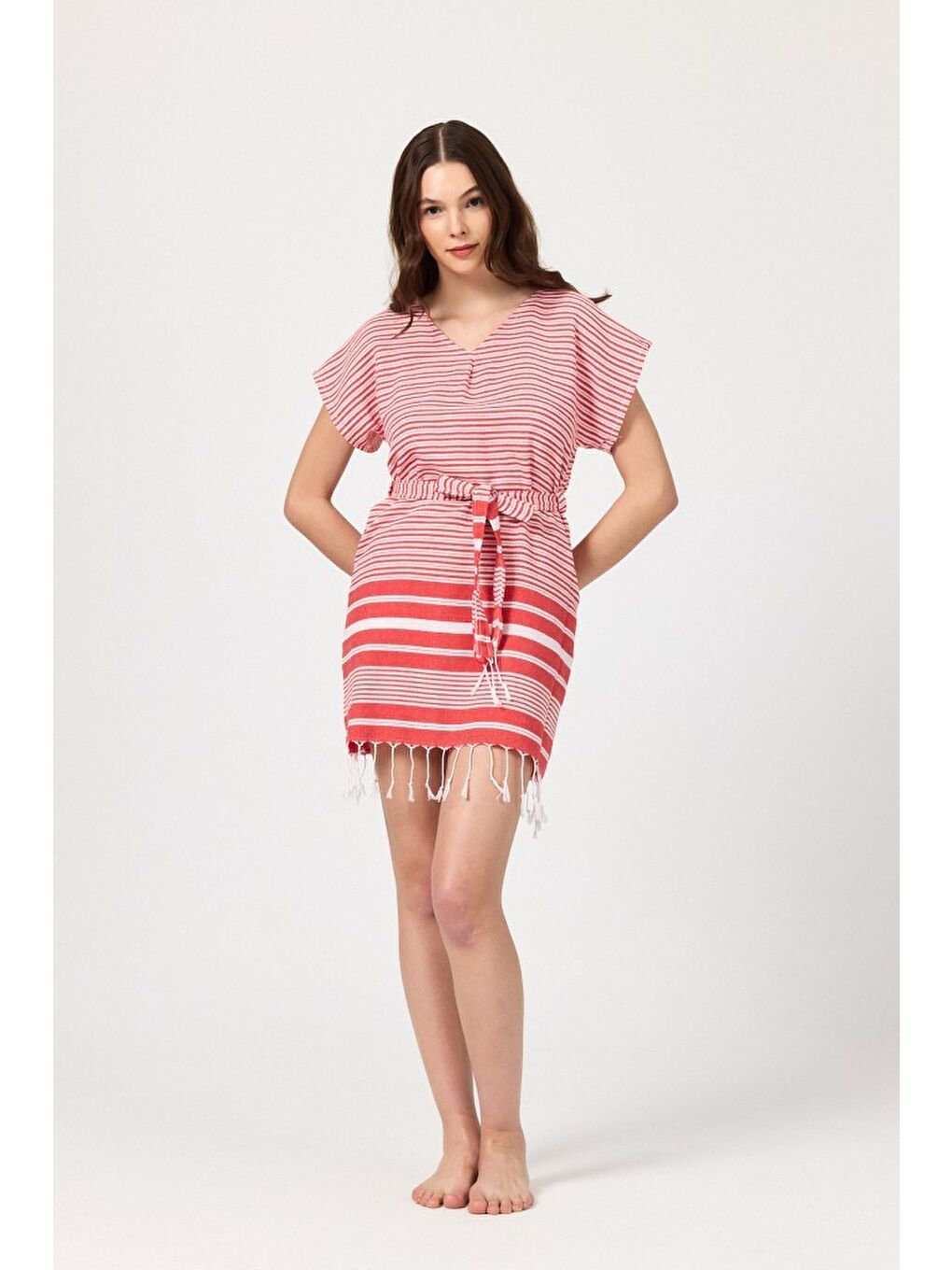 Kırmızı Katya Plaj elbisesi Tunik pareo %100 Pamuk-5