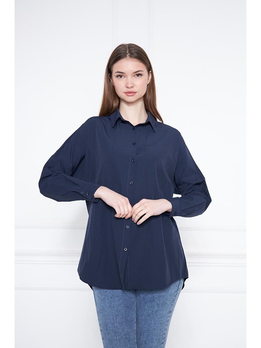 Lacivert Kadın Oversize Uzun Basic Gömlek-2