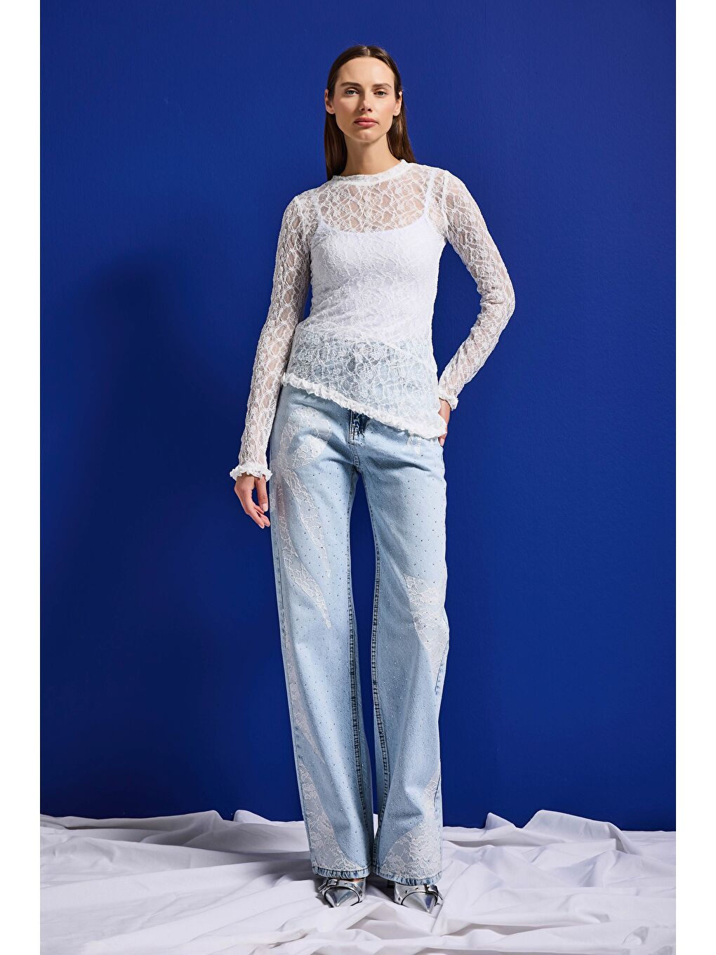 Kadın Beyaz w5 Asimetrik Kesim Özel Örgü Dantel Tasarım Transparan Yazlık Triko-4