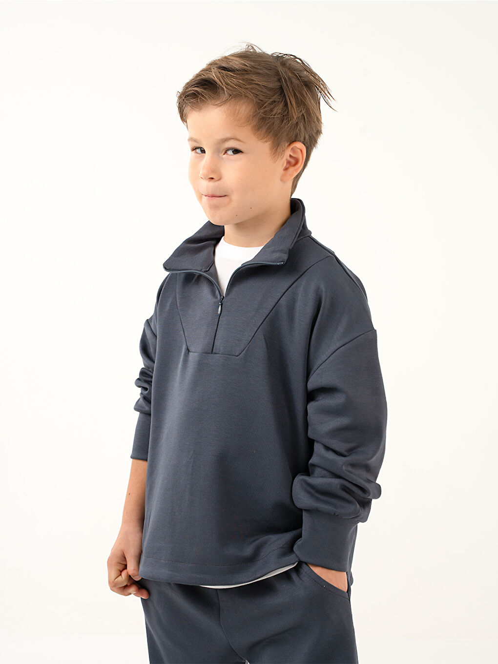 Erkek Çocuk Zipper Koyu Gri Yumuşak Modal Eşofman Takım-4