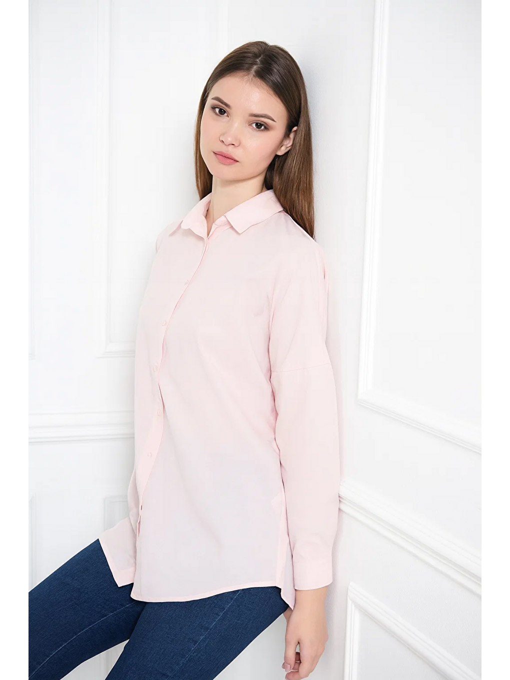 Pembe Kadın Oversize Uzun Basic Pudra Gömlek-3
