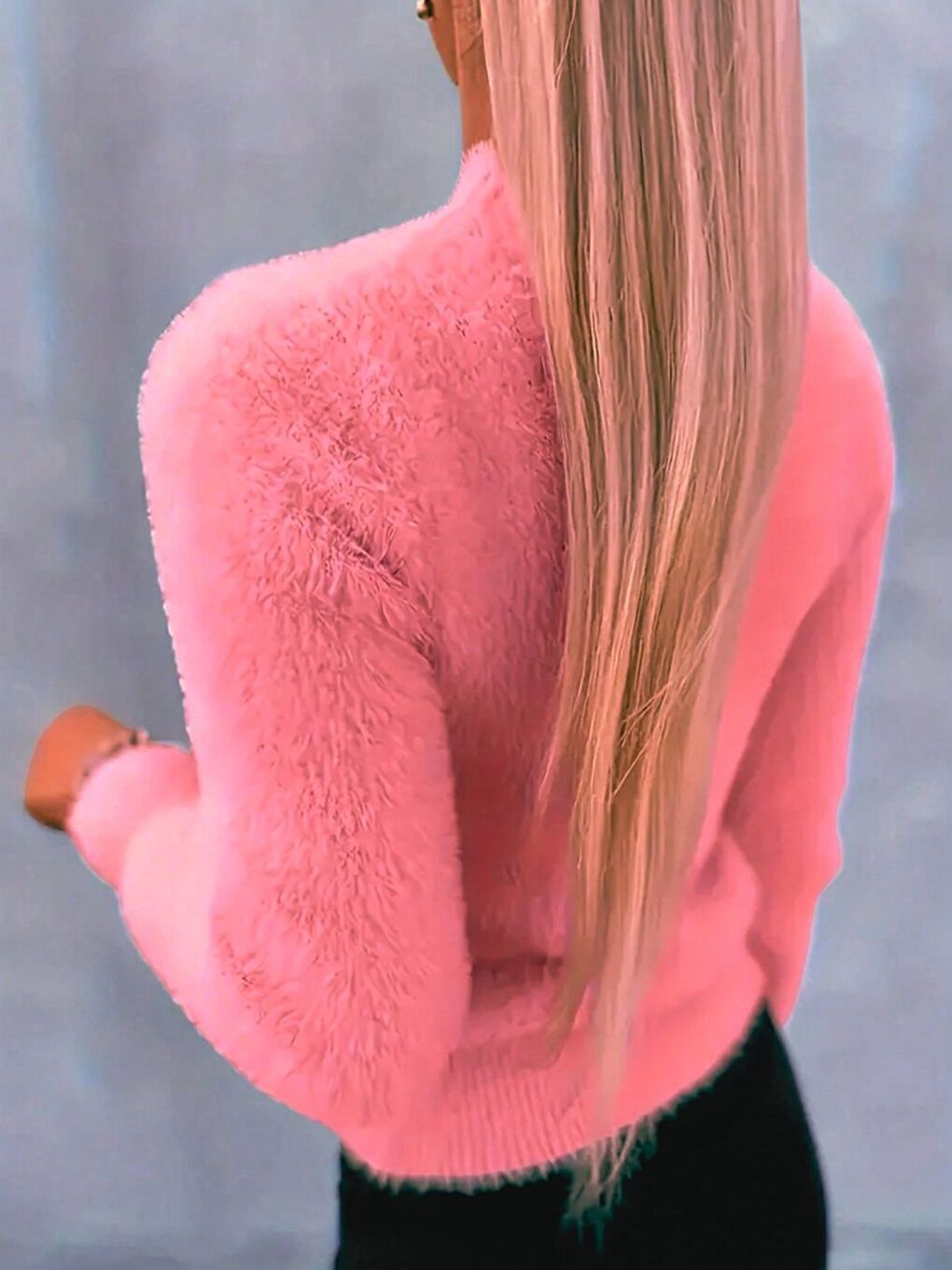 Pembe Geniş Kalıp Bisiklet Yaka Sakallı Triko Kalın Premium Kazak-1