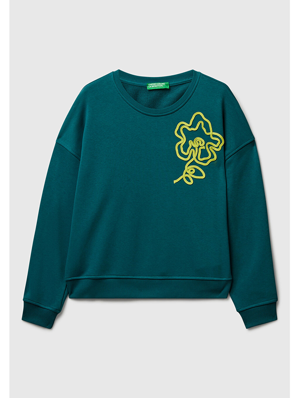 Kadın Koyu Yeşil Pamuk Karışımlı Çiçek Motifli Sweatshirt-1