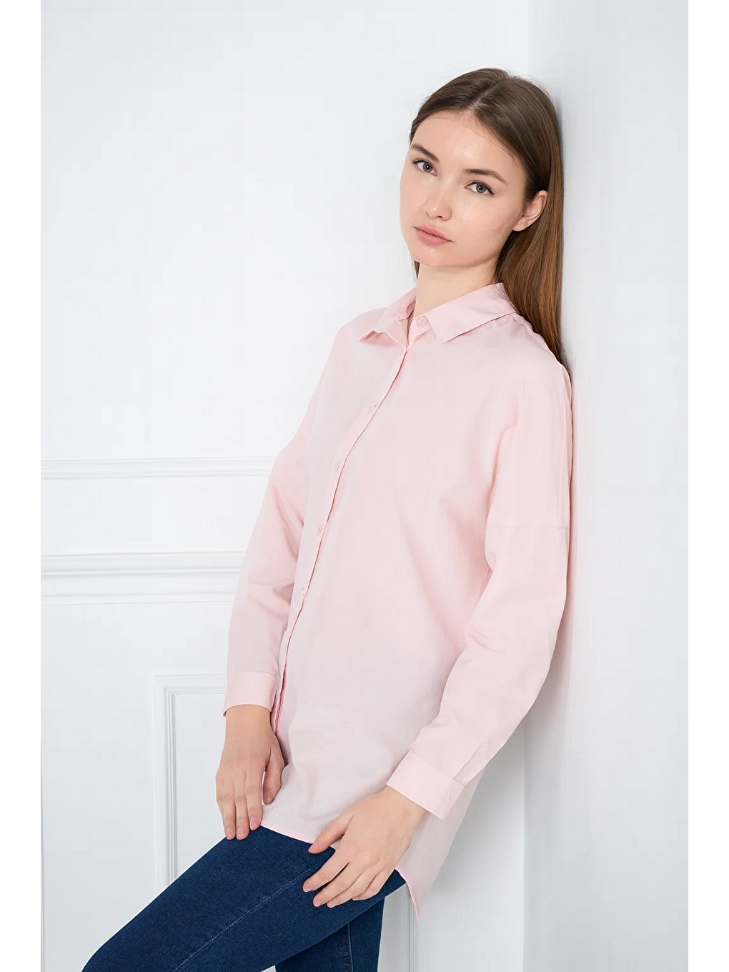 Pembe Kadın Oversize Uzun Basic Pudra Gömlek-4