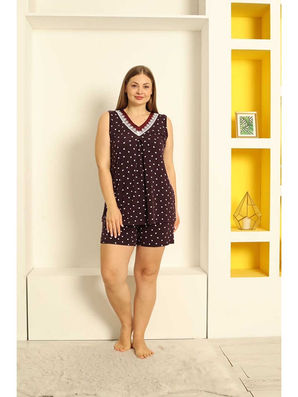 Mor Kadın Desenli Desenli Satenli Kısa Kollu Elastanlı Viskon Alt Üst Şortlu Takım-3