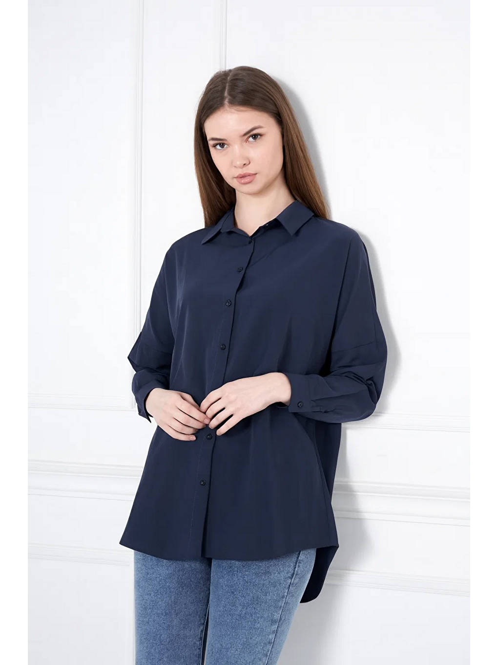 Lacivert Kadın Oversize Uzun Basic Gömlek-3